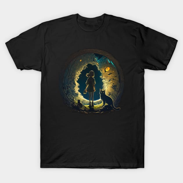 Mysterious Anime Portal: A Girl and Her Cat in Blue, Black & Yellow T-Shirt by YUED